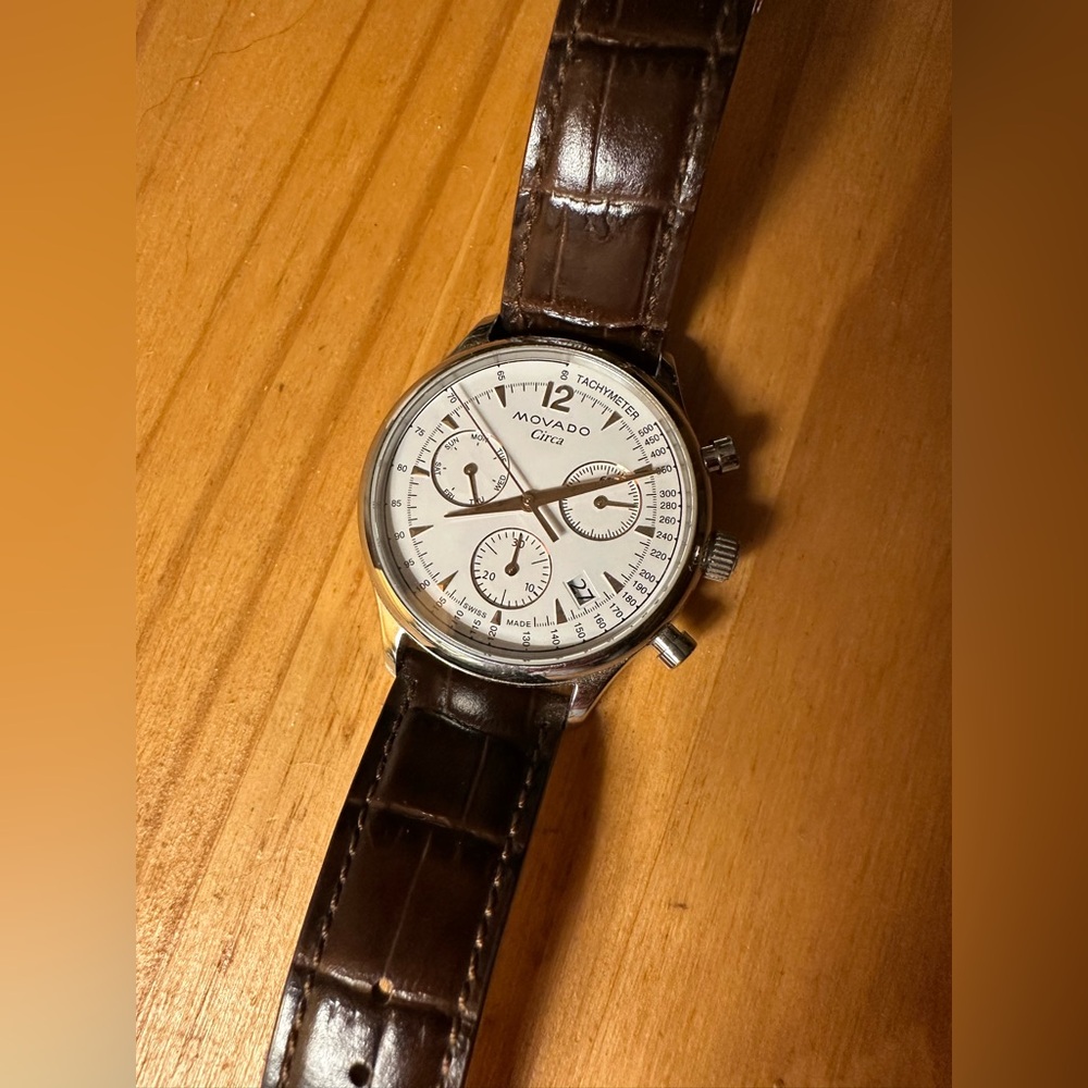 Men's Movado Heritage Circa Chronograph Brown Leather Strap with White Dial
